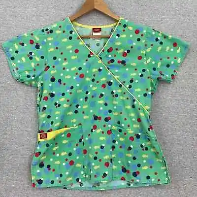 Dickies Scrub Top Womens Small Green Fish Dots Nurse Vet Medical Uniform • $16.99