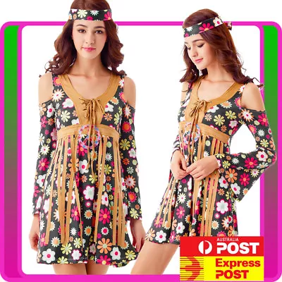 Ladies 60s 70s Retro Hippie Go Go Girl Disco Costume Fancy Dress Hippy 1960s • $33.59