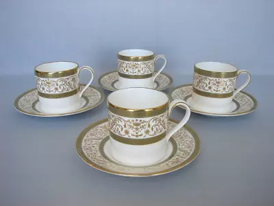 Set Of 4 Minton ARAGON Demitasse Cups & Saucers Gold Filigree & Dots Green Bands • $21.95