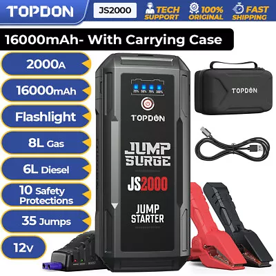 Topdon 2000a Jump Starter Battery Pack  Booster Lithium-ion  Box Power Bank  • £74.99