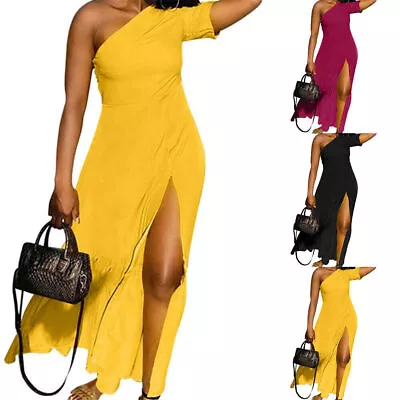 $30.77 • Buy Women One Shoulder Plain Party Dress Summer Slit Dress Holiday Casual Plus Size