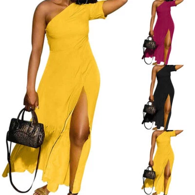 $30.77 • Buy Women One Shoulder Plain Party Dress Summer Slit Dress Holiday Casual Plus Size
