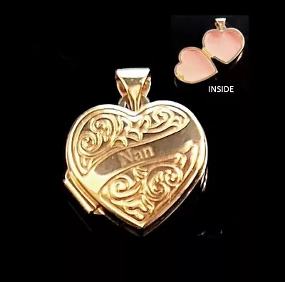 9ct Gold NAN Heart Locket Embossed Scroll Pattern Front 15mm Diameter NEW BOXED • £85