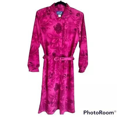 Vintage 80s Pink Solid Floral Secretary Size 10P Belted Modest Dress • $31