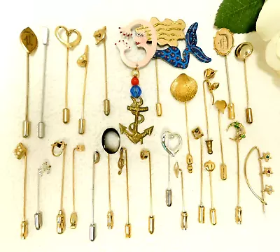 Vintage Stick Pins Lot Gold & Silver Tone - Shell Hearts Stars Mermaid & More • $9.99