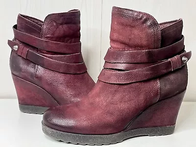 Miz Mooz Narcissa Leather Wedge Ankle Strap Boots Wine Merlot Size 39 / 8.5 - 9 • $69.99