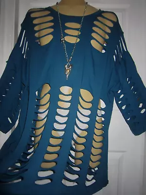  Holey   Quirky  Lagenlook ~ Petrol Blue ~ Tunic / Top ~ Osfa ~ Bnwt • £17.95