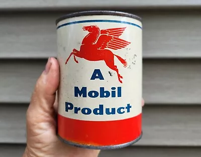 Mobil Oil Mobiloil Pegasus Oil Grease Can Tin 1lb 1950s A MOBIL PRODUCT • $67.50