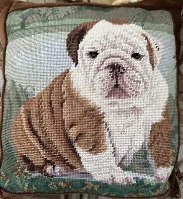 Wool Needlepoint Velvet Tassel Feather Pillow Handmade Bull Dog    20” X 20” • $45