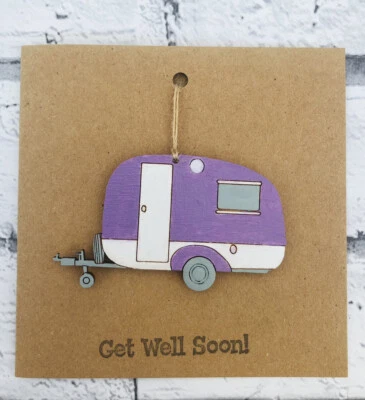 £3.50 • Buy Get Well Soon Hand Painted Wooden Caravan Keepsake Handmade Card Personalisation