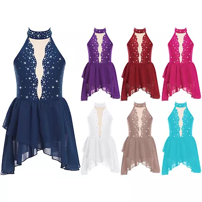 UK Kids Girls Shiny Rhinestone Dance Dress Leotard Lyrical Modern Ballet Costume • £5.16