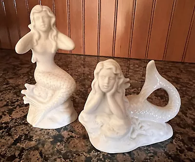 Vintage Quon Quon WHITE MERMAIDS Salt & Pepper Shaker Bisque Gloss 1980 Japan • $25