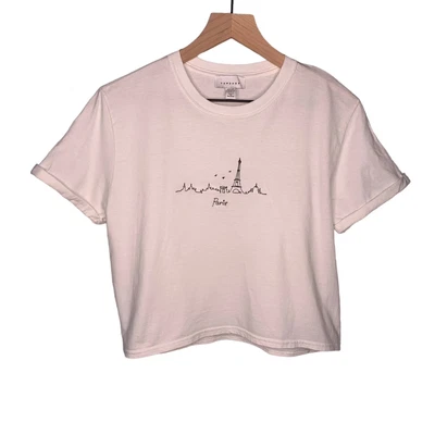 £20.31 • Buy Topshop Paris Embroidered Crop Tee Short Sleeve Rolled Cuffs Crew Neck White 4-6