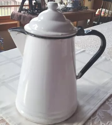 Vintage White & Black Trim Enamelware Coffee Pot 9 Inch Length • $18