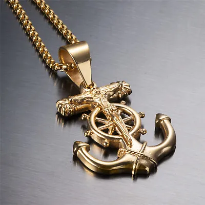 Jesus Cross Anchor Men's Gold Stainless Steel Pendant Chain Necklace Set • $11.99