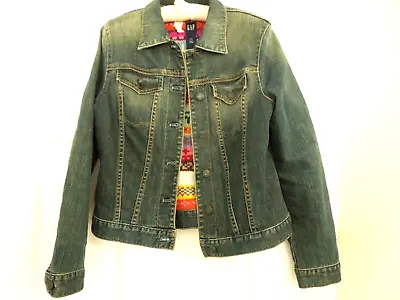 GAP Stretch Lined Denim Jacket Womens Size S Small Colouful Knitted Lining VGC • £11.99