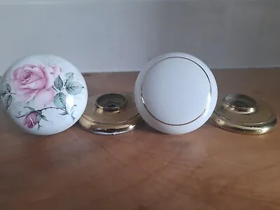 £4 • Buy Vintage Pair Of Porcelain  Door Knobs Floral White Pink  And White With Gold Rim