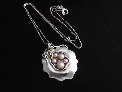 Israel HAGIT GORALI Silver 925 Box Chain Abstract Pink Real Pearl Floral Pendant • $166.48