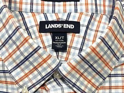 Lands' End Mens Shirt XL 17-17 1/2 Traditional Fit No Iron  Plaid Orange & Blue • $15.59