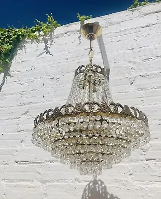 25.5  Antique French Empire Chandelier Tiered Crystal Brass 6 Lights Vintage • $479.20