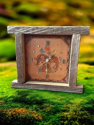 Vintage Tooled Leather Handmade Barn Wood Frame Clock Nature Mushrooms Frog 70’s • $38