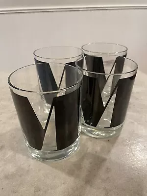 Vintage MCM Mid Century Modern  “M” Monogrammed Lowball Rocks Glasses Set Of 4 • $42