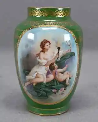 Royal Vienna Style Neoclassical Lady & Cherub Gold Beaded & Green 4 Inch Vase • $65