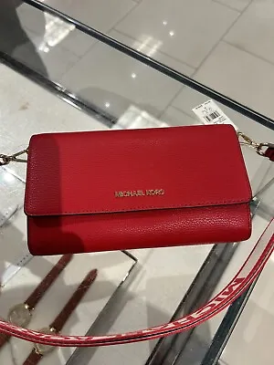 Michael Kors Jet Set Item Large Zip Around Wallet Crossbody Bag Purse Bright Red • $108