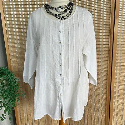 East White 100% Linen Blouse Top Sz 18 UK Pintucks Button Front Longline / B20 • £26.99