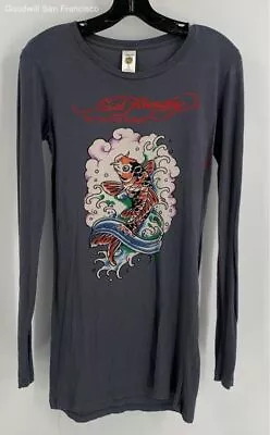 Ed Hardy Christian Audigier Mens Gray Graphic Print Cotton Long Sleeve T-Shirt M • $34.99