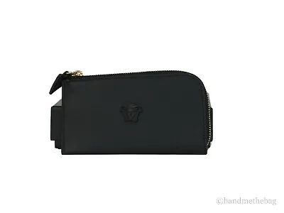Versace Black Smooth Leather Matte Medusa Head Organizer Zip Card Case Wallet • $239