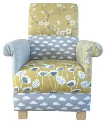 Mustard Patchwork Fabric Adult Chair Armchair Stars Clouds Accent Ochre New Grey • £209.99