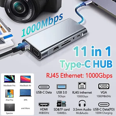 $52.99 • Buy 11 In 1 USB Type C Hub 4K Dual HDMI Rj45 Ethernet 3.5mm Jack Multiport Adaptor