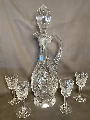 Vintage Cut Crystal Wine Whiskey  Decanter Set With 4 Sherry Glasses  • $37.50