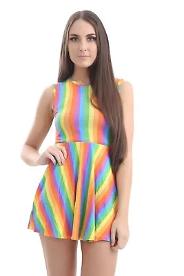 Womens Skater Dress Rainbow Print Gay Pride Flared Dress Hippy 80s Fancy Dress • £13.25