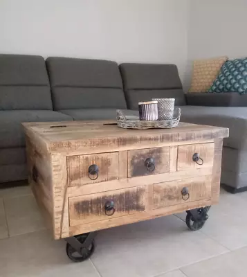 Industrial Rustic Unique Wooden Mango Wood Coffee Table With Drawers & Wheels • $462.99