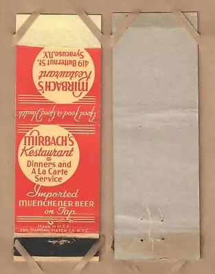 1940s MIRBACH'S RESTAURANT {MUENCHENER BEER On TAP} SYRACUSE NY MATCHBOOK COVER • $2.50