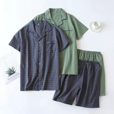 Men's Pajamas Summer Thin Short-sleeved Shorts Washed Cotton Simple Plaid Suit • $33.89