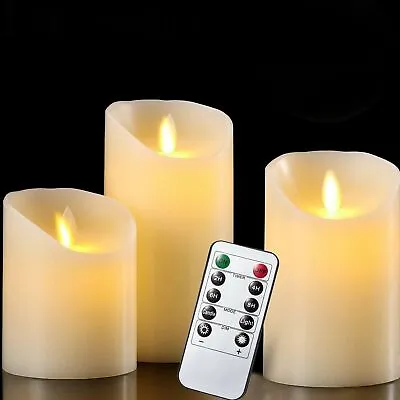 Set Of 3 LED Flameless Pillar Candles Flickering Battery Operated With Remote UK • £8.95