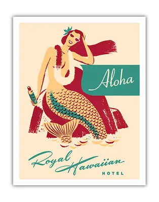 Royal Hawaiian Hotel - Mermaid With Sun Tan Oil - Vintage Travel Poster 1950s • $12.98