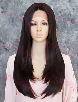 Dark Brown Long Straight Layers Heat Safe Lace Front Human Hair Blend Wig EVEH 4 • $79.95