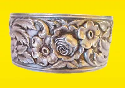 Vtg Repousse Sterling Silver Floral Roses Cuff Bracelet Gorgeous!!! 7.5” KIRK? • $95