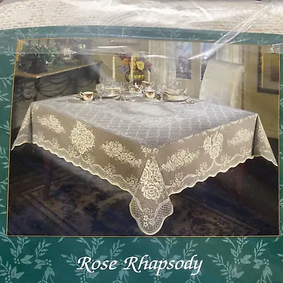 QUAKER LACE White Rose Rhapsody Lace TABLECLOTH 70 X 90 Oval • $20