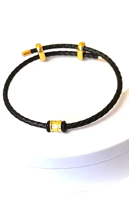 Pure 24 K Solid Yellow Gold 999.9 Lucky Bead Charm Leather Bangle Bracelet • $44.21