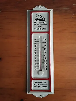 Vintage Tin Advertising Thermometer Paul's Restaurant Bangor Maine 13  L 3.75  W • $49.99