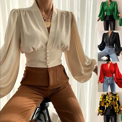 $16.91 • Buy Womens V Neck Wrap Long Sleeve Shirt Ladies OL Work Party Blouse Top Tunic Shirt