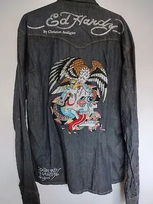 Ed Hardy Christian Audigier Denim Western Cowboy Embroidered Skull XXL New • $129.99