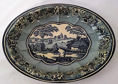 Vtg Daher Decorated Ware Blue Tin Tray Bowl Long Island NY 11101 Made In England • $18.99