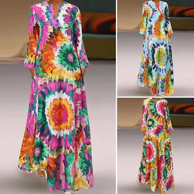 UK STOCK Women V Neck Floral Long Maxi Dress Casual Loose Shirt Dresses  • £16.22