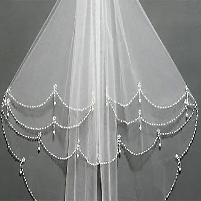 New 2 Layer White/Ivory Elbow Length Beads Edge Wedding Bridal Veil • $14.50